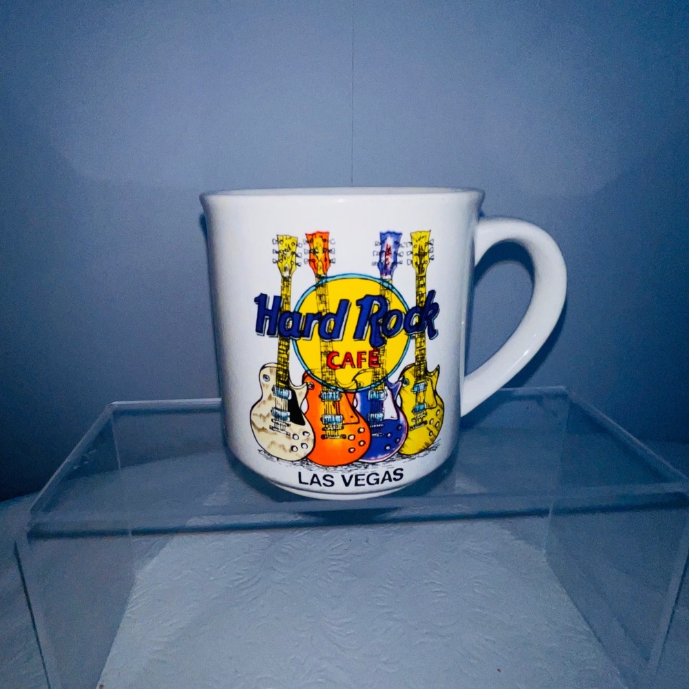 Hard Rock Cafe Las Vegas Coffee Mug White Ceramic Guitar Graphic Souvenir